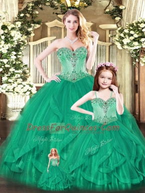 Green Sleeveless Floor Length Beading and Ruffles Lace Up Sweet 16 Quinceanera Dress