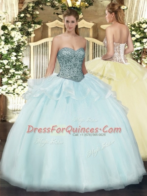 Floor Length Lace Up Quinceanera Gowns Apple Green for Military Ball and Sweet 16 and Quinceanera with Beading and Ruffles