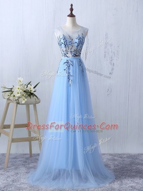 Scoop Sleeveless Side Zipper Dama Dress for Quinceanera Light Blue Tulle