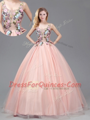 Straps See Through Baby Pink Criss Cross Ball Gown Prom Dress Appliques Sleeveless Floor Length