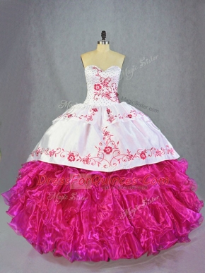 Sleeveless Beading and Embroidery and Ruffles Lace Up Quince Ball Gowns with Hot Pink Brush Train