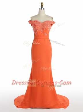 Mermaid Off the Shoulder Sleeveless Satin With Train Sweep Train Zipper Prom Dress in Orange with Lace