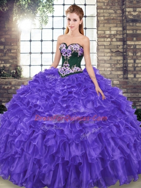 Deluxe Purple Sleeveless Organza Sweep Train Lace Up Vestidos de Quinceanera for Military Ball and Sweet 16 and Quinceanera