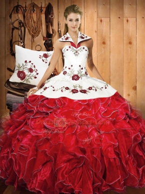 Noble Satin and Organza Sleeveless Floor Length 15th Birthday Dress and Embroidery and Ruffles