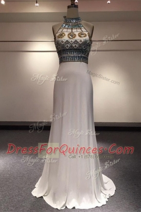 Perfect Brush Train Column/Sheath White High-neck Elastic Woven Satin Sleeveless With Train Zipper