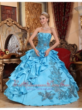 Aqua Blue Quinceanera Dress Strapless Floor-length Taffeta Appliques Ball Gown