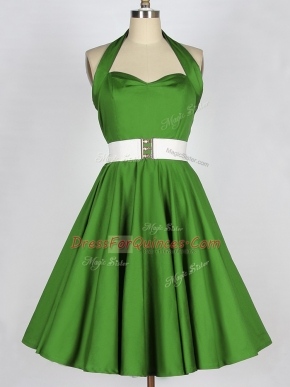 Modest Green Lace Up Vestidos de Damas Belt Sleeveless Knee Length