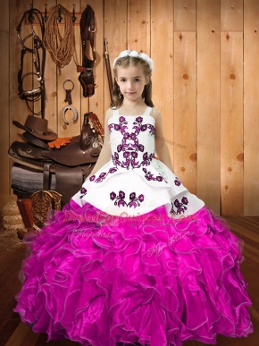 Fuchsia Organza Lace Up Straps Sleeveless Floor Length Little Girl Pageant Gowns Embroidery and Ruffles
