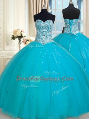 Colorful Aqua Blue Sweetheart Lace Up Beading and Sequins Quince Ball Gowns Sleeveless
