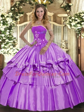 Strapless Sleeveless Quinceanera Dresses Floor Length Beading and Ruffled Layers Lavender Organza and Taffeta