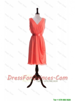 Cheap Gorgeous Empire V Neck Prom Dresses with Sashes in Watermelon
