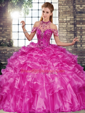 Fuchsia Lace Up Halter Top Beading and Ruffles Quinceanera Dresses Organza Sleeveless