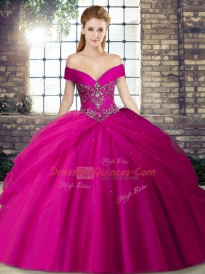 Off The Shoulder Sleeveless Sweet 16 Dresses Brush Train Beading and Pick Ups Fuchsia Tulle