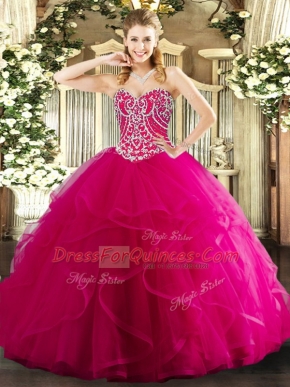 Sweetheart Sleeveless 15 Quinceanera Dress Floor Length Beading and Ruffles Hot Pink Tulle