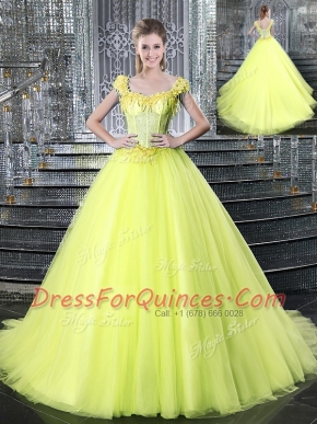 Charming Straps Sleeveless Brush Train Lace Up With Train Beading and Appliques Quinceanera Dresses