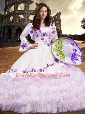 Fantastic White Ball Gowns Embroidery and Ruffled Layers Quince Ball Gowns Lace Up Organza Long Sleeves Floor Length