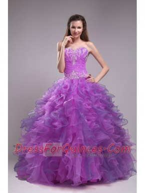 2014 Purple Ball Sleeveless Floor-length Lace-up Orangza Appliques Quinceanera Dress