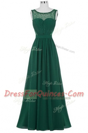 Scoop Beading and Ruching Prom Party Dress Dark Green Zipper Sleeveless Floor Length