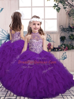 Customized Purple Lace Up Little Girl Pageant Dress Beading and Ruffles Sleeveless Floor Length