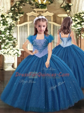 Glorious Blue Lace Up Straps Beading Little Girls Pageant Gowns Tulle Sleeveless
