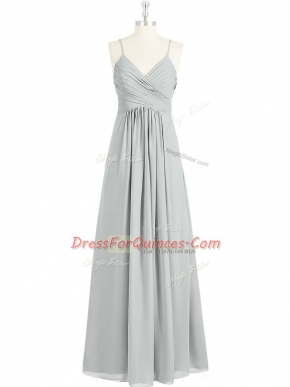 Customized Chiffon Spaghetti Straps Sleeveless Backless Ruching Prom Party Dress in Grey