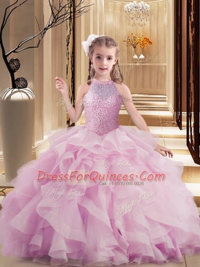 Lilac High-neck Lace Up Beading and Ruffles Pageant Gowns For Girls Sleeveless