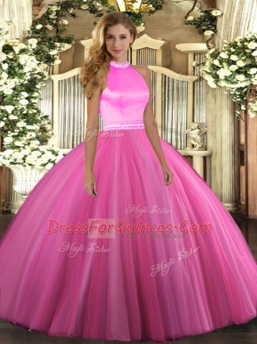 Floor Length Backless Quince Ball Gowns Rose Pink for Military Ball and Sweet 16 and Quinceanera with Beading