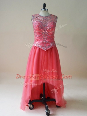 Coral Red Scoop Beading Teens Party Dress Sleeveless