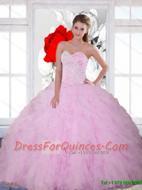 2015 New Styles Beading and Ruffles Sweetheart Quinceanera Dresses in Baby Pink