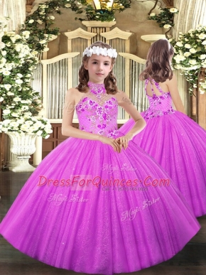 Perfect Halter Top Sleeveless Pageant Gowns Floor Length Appliques Lilac Tulle