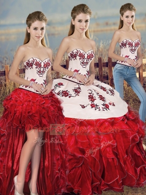 Ideal Floor Length Ball Gowns Sleeveless White And Red Sweet 16 Dresses Lace Up
