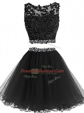 Tulle Sleeveless Mini Length Prom Party Dress and Beading and Lace and Appliques