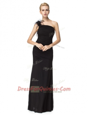 Dynamic One Shoulder Black Sleeveless Floor Length Ruching Zipper Prom Party Dress