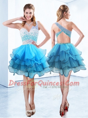 Designer One Shoulder Sleeveless Criss Cross Knee Length Beading and Ruffled Layers Prom Party Dress