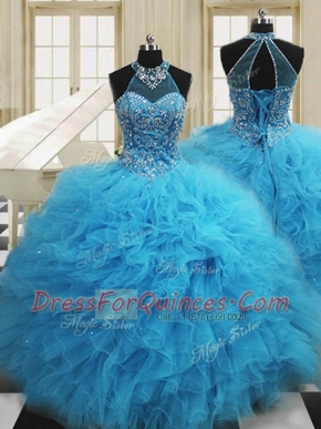 Colorful Scoop Sleeveless Lace Up Vestidos de Quinceanera Baby Blue Tulle