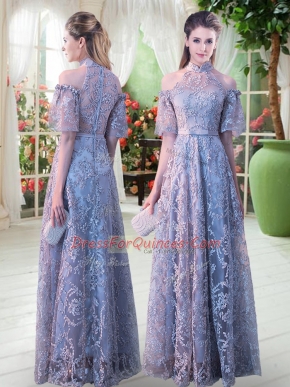 Floor Length Empire Half Sleeves Grey Prom Evening Gown Zipper