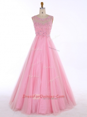 Discount Baby Pink A-line Satin Scoop Sleeveless Beading and Appliques Floor Length Backless Prom Party Dress