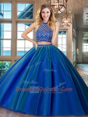 Two Piece HalterHalter Top Royal Blue Tulle Backless Halter Top Sleeveless 15th Birthday Dress Brush Train Beading