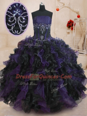 Black And Purple Strapless Lace Up Beading and Ruffles 15th Birthday Dress Sleeveless