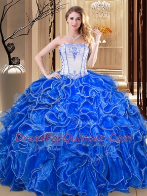 Strapless Sleeveless Ball Gown Prom Dress Floor Length Embroidery and Ruffles Royal Blue Organza