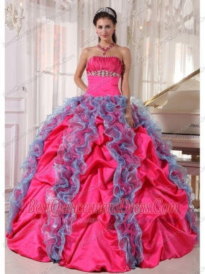 Hot Pink and Aqua Blue Ball Gown Strapless Floor-length Organza and Taffeta Beading and Ruffles Quinceanera Dress