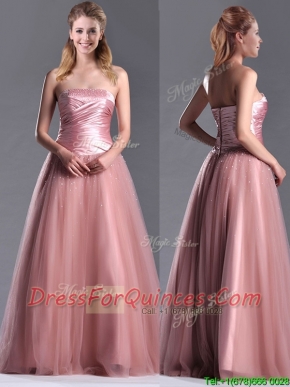 Elegant A Line Tulle Beaded Long Prom Dress in Peach