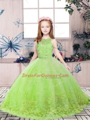 Sleeveless Backless Floor Length Lace and Appliques Little Girl Pageant Dress