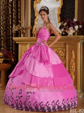 Hot Pink Ball Gown Sweetheart Floor-length Taffeta Quinceanera Dress with Appliques