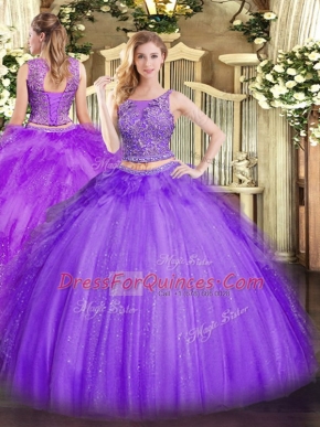 Lavender Tulle Lace Up Quinceanera Gown Sleeveless Floor Length Beading and Ruffles