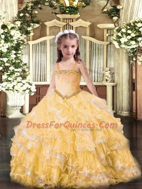 Nice Gold Sleeveless Appliques and Ruffled Layers Floor Length Girls Pageant Dresses