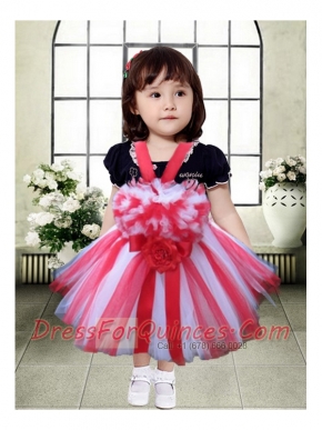 Red and White Tulle Straps A-Line Little Girl Dress with Hand Made Flowers