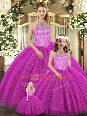 Cute Floor Length Ball Gowns Sleeveless Fuchsia Vestidos de Quinceanera Lace Up