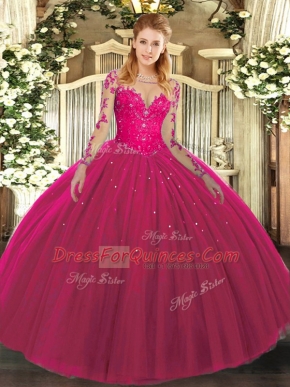 Beauteous Floor Length Hot Pink Quinceanera Dresses Tulle Long Sleeves Lace