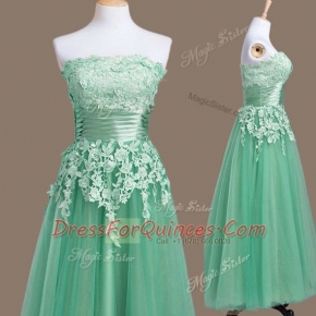 Turquoise Tulle Lace Up Dama Dress Sleeveless Tea Length Appliques